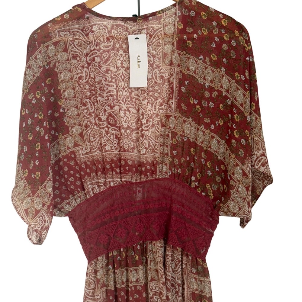 Boho Patchwork Paisley Duster Kaftan Womens L Burgundy Sheer Lace Festival NWT - Picture 7 of 12